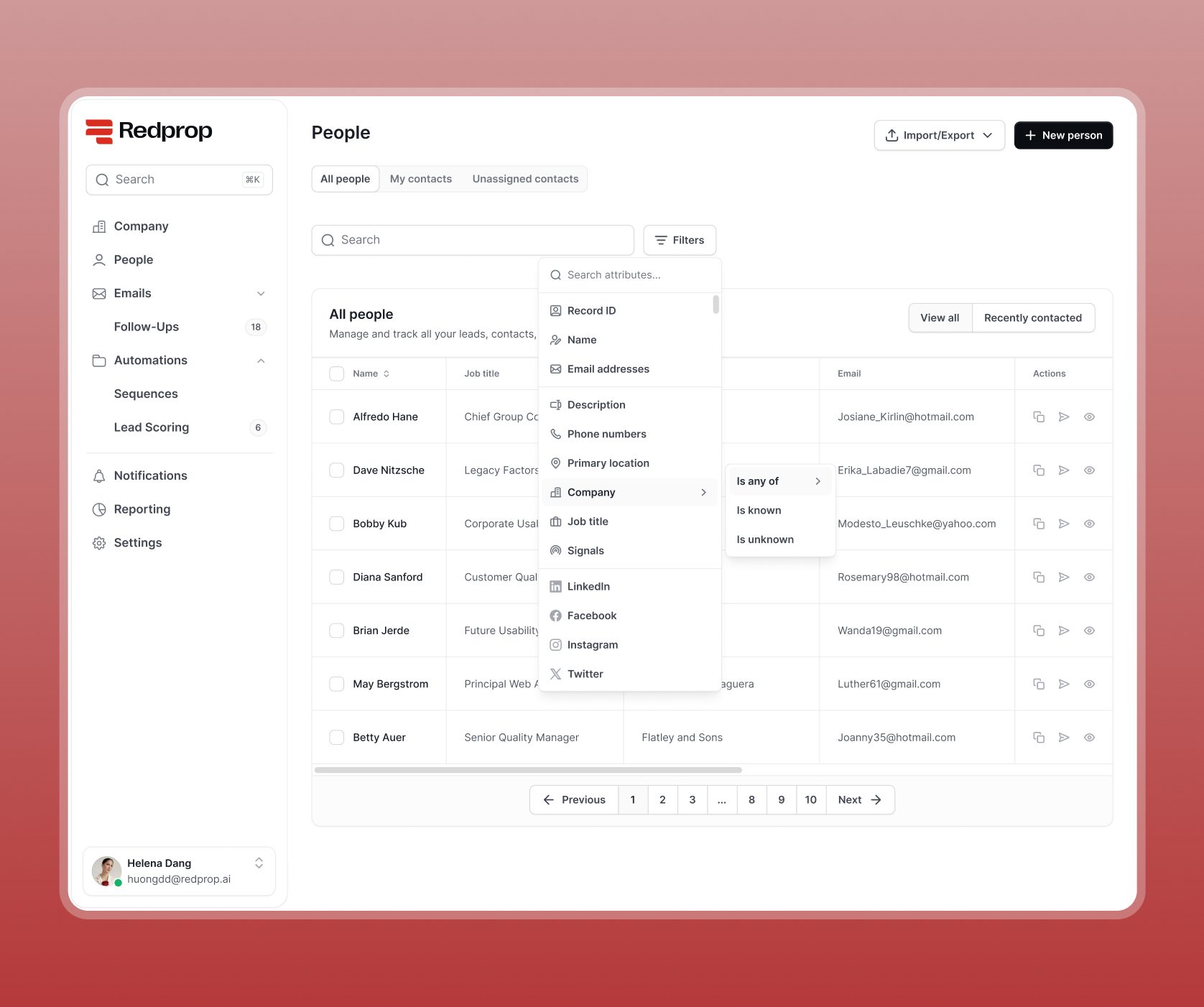 Redprop CMS platform people table